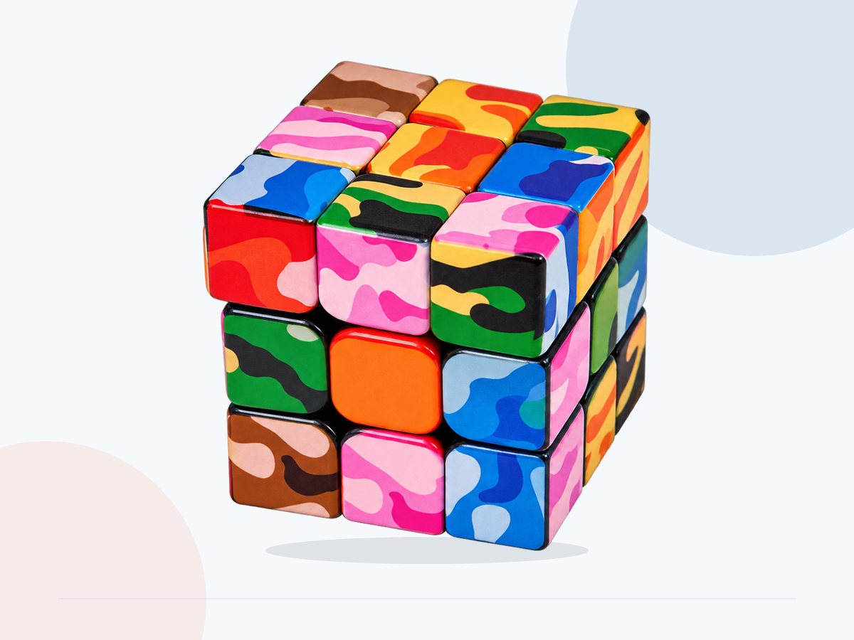 Full view of a colorful multi-face printed cube