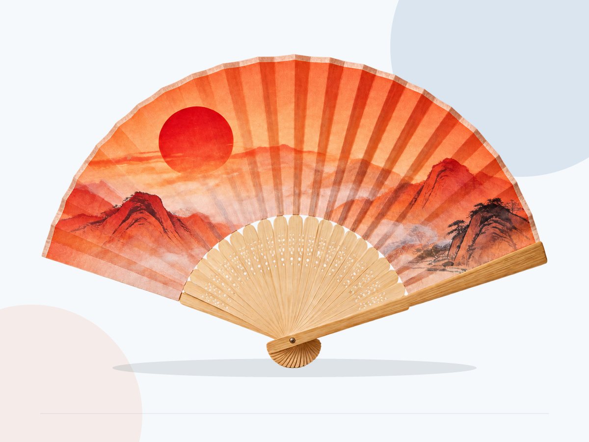 完整展示的山水图案折扇打印效果