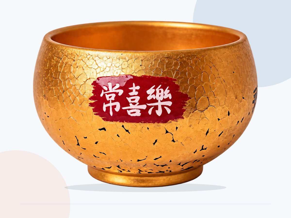 Full view of a print on a textured gold bowl