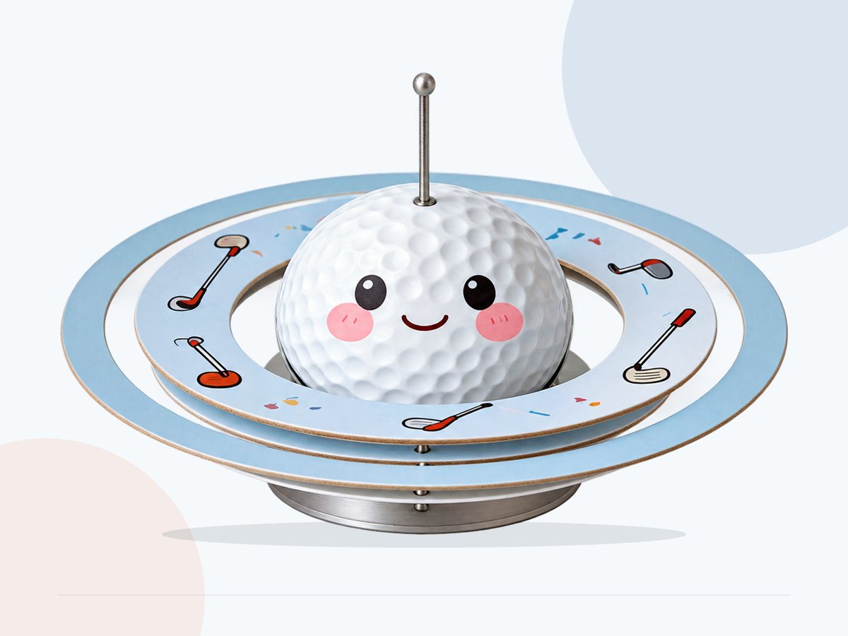 Full view of a printed golf ball and circular display assembly