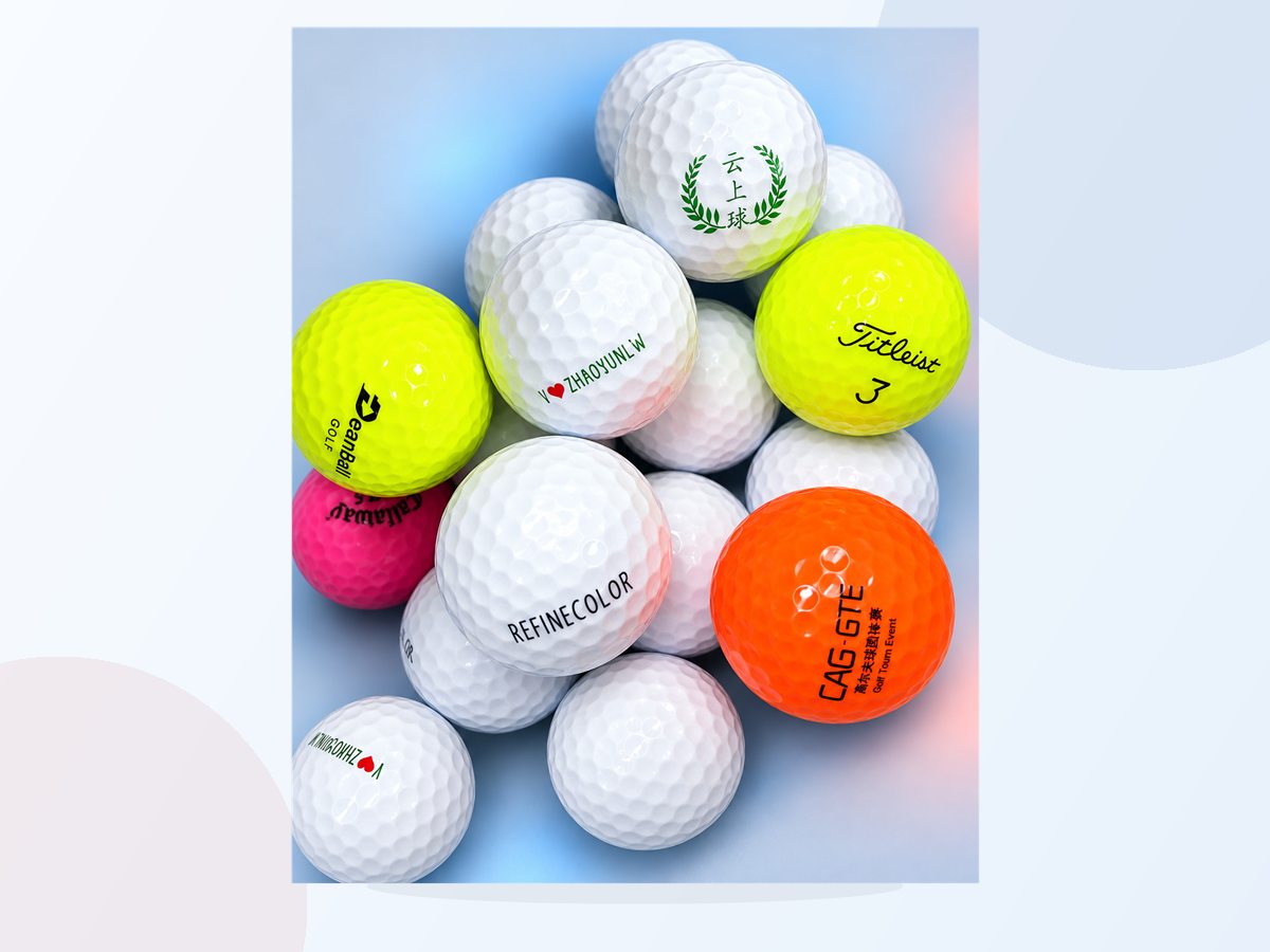 Full view of colorful branded golf balls