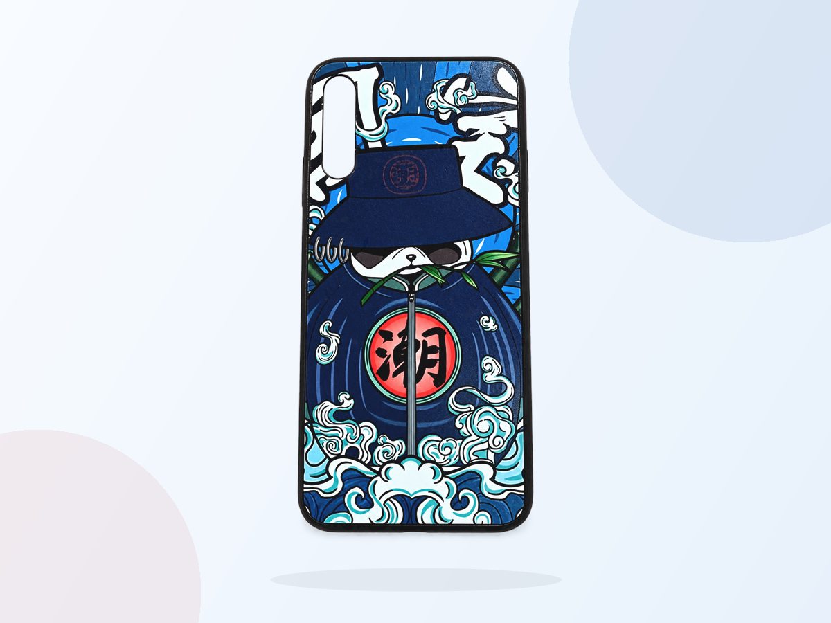 Full view of a blue illustrated phone case