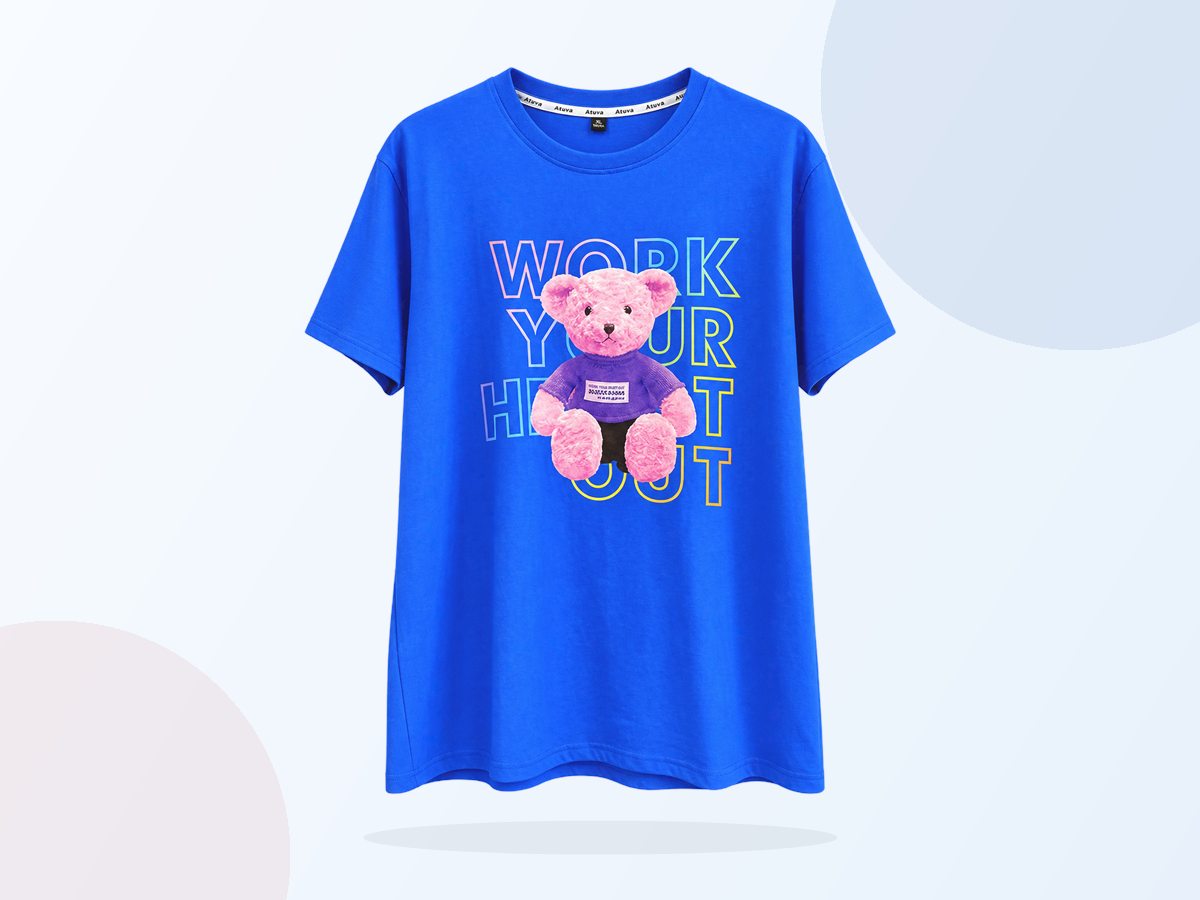 Full view of a blue T-shirt with a bear print